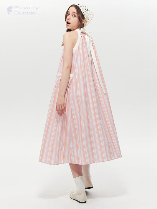 Retro Striped Wide A-Line Dress With Tie Neck