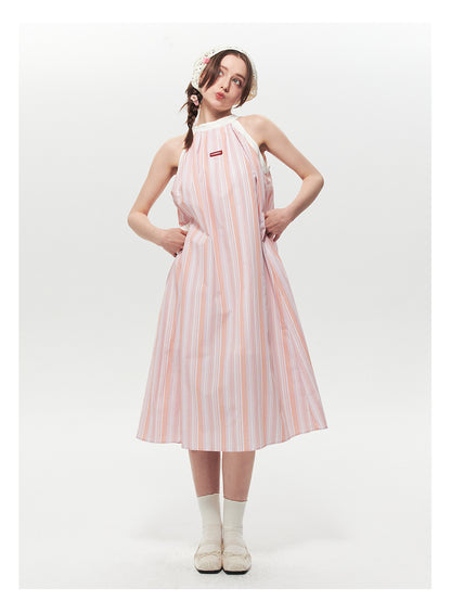 Retro Striped Wide A-Line Dress With Tie Neck