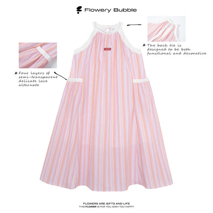 Retro Striped Wide A-Line Dress With Tie Neck