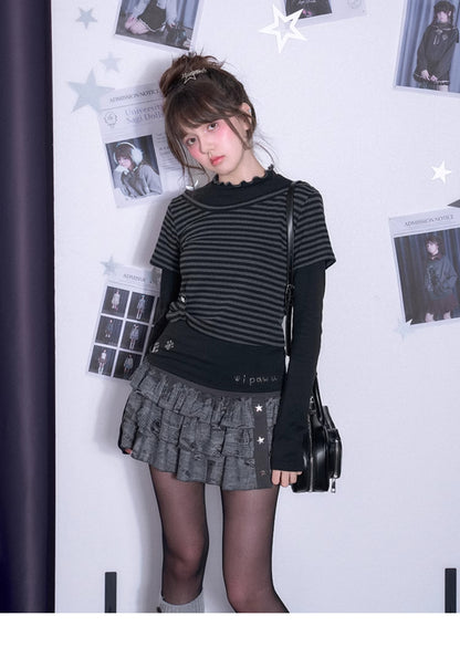 Faux Layered Lettuce Edge T-Shirt With Dog Paw Prints