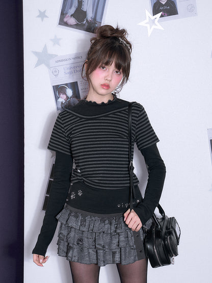 Faux Layered Lettuce Edge T-Shirt With Dog Paw Prints