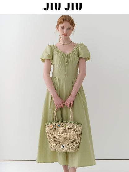 Gathered Neck Bubble Sleeve Dress