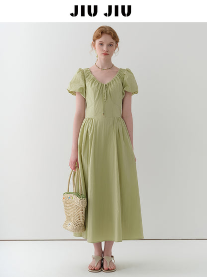 Gathered Neck Bubble Sleeve Dress