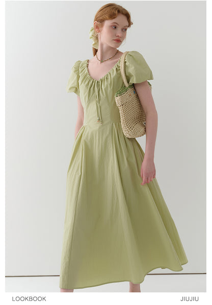 Gathered Neck Bubble Sleeve Dress
