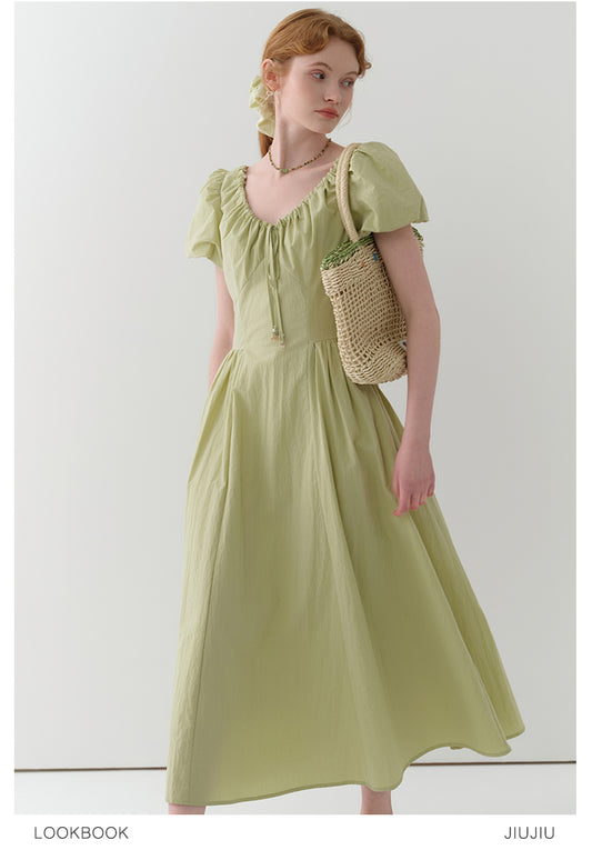 Gathered Neck Bubble Sleeve Dress