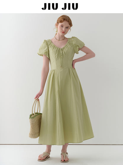 Gathered Neck Bubble Sleeve Dress