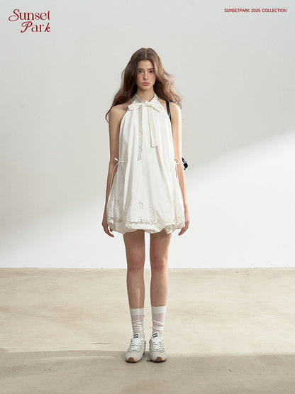 Embroidered Tie Neck Bubble Mini Dress