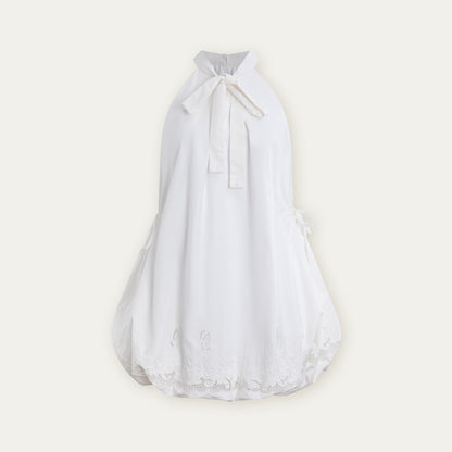 Embroidered Tie Neck Bubble Mini Dress