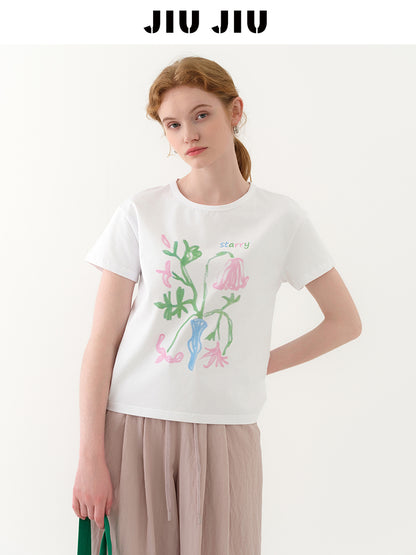 Flower Art Print Round Neck T-Shirt