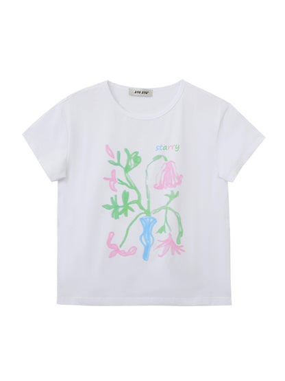 Flower Art Print Round Neck T-Shirt
