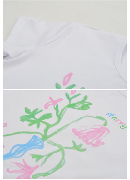 Flower Art Print Round Neck T-Shirt