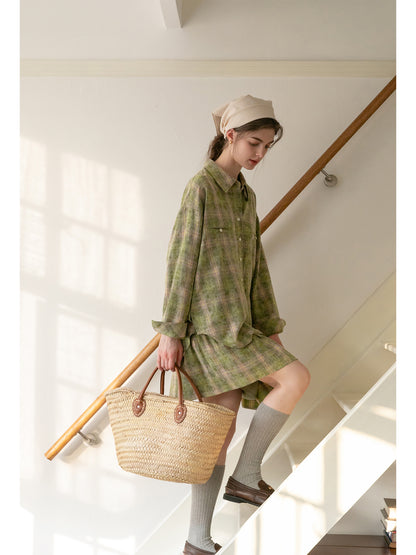Plaid Round-Hem Shirt And Tiered Skirt