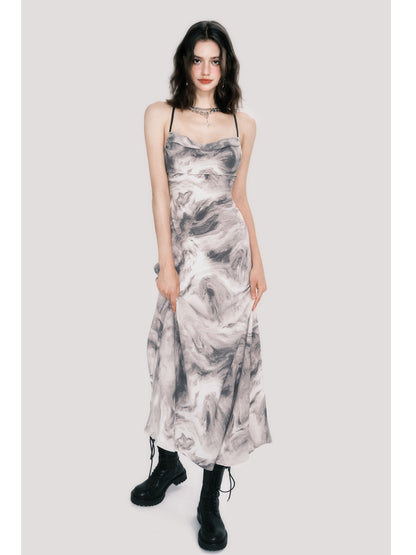Open-Back Marble Smudge Print Maxi Dress