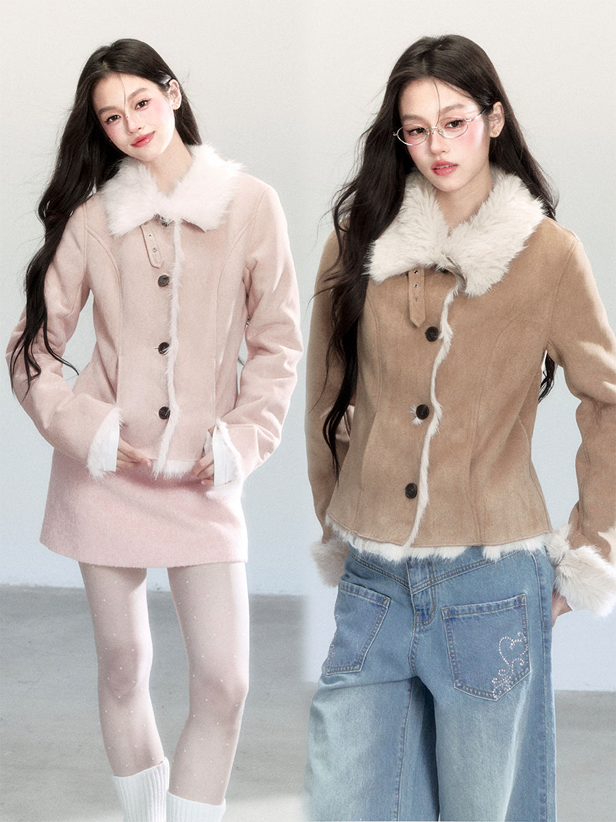 Faux Suede Fitted Jacket With Fur Lining