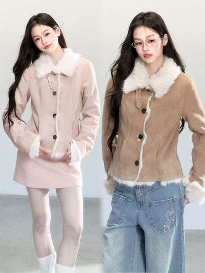 Faux Suede Fitted Jacket With Fur Lining