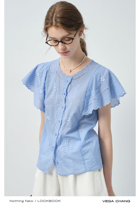 Scalloped-Sleeve Embroidered Cotton Blouse