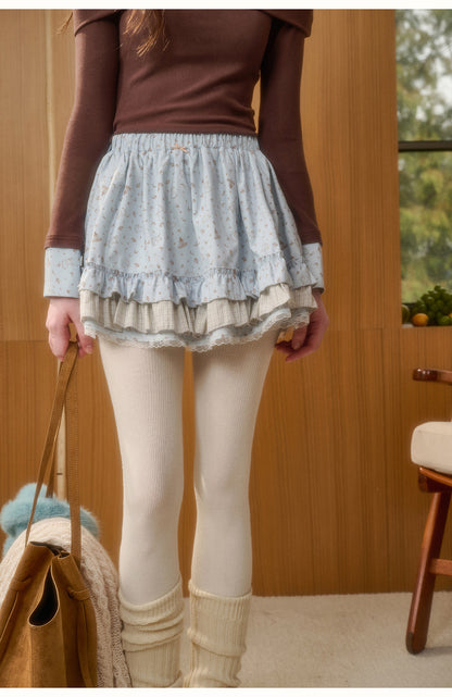 Bunny Print Layered-Look Top & Ruffled Skirt