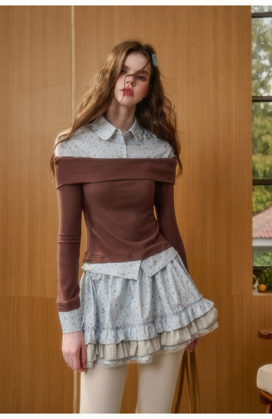 Bunny Print Layered-Look Top & Ruffled Skirt