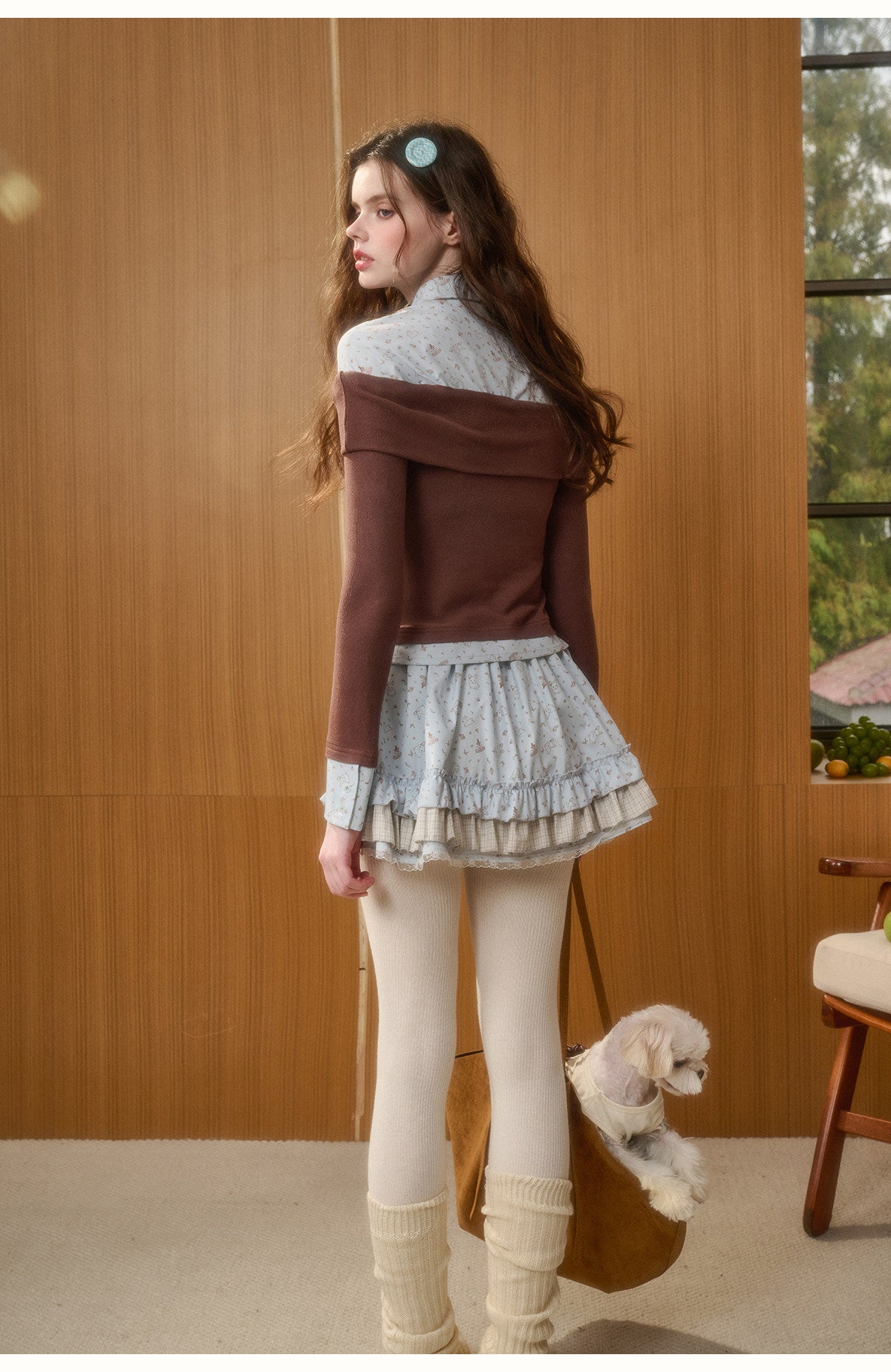 Bunny Print Layered-Look Top & Ruffled Skirt