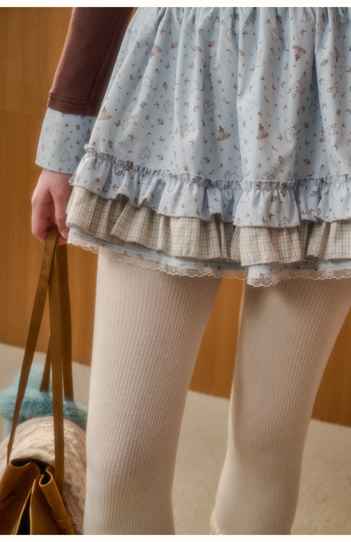 Bunny Print Layered-Look Top & Ruffled Skirt