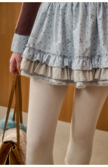 Bunny Print Layered-Look Top & Ruffled Skirt
