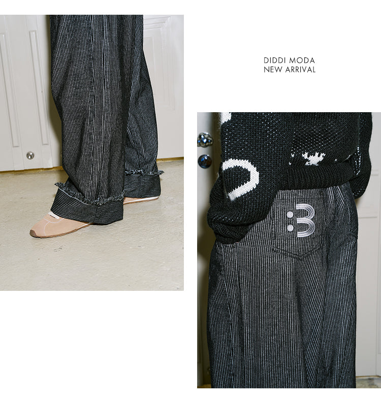 Fringed Corduroy Tuck Pants With Embroidered Pocket