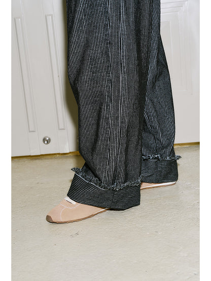 Fringed Corduroy Tuck Pants With Embroidered Pocket