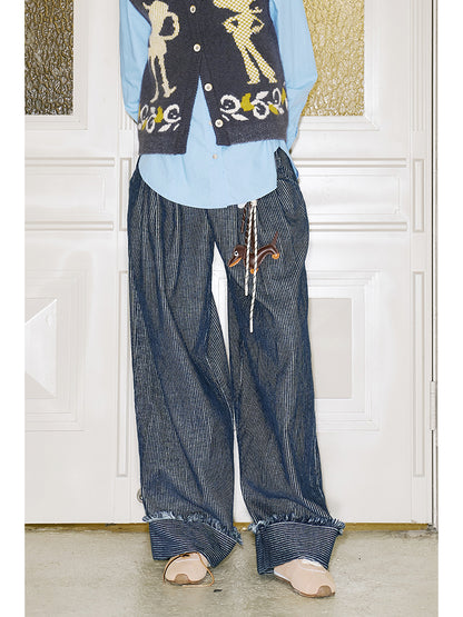 Fringed Corduroy Tuck Pants With Embroidered Pocket