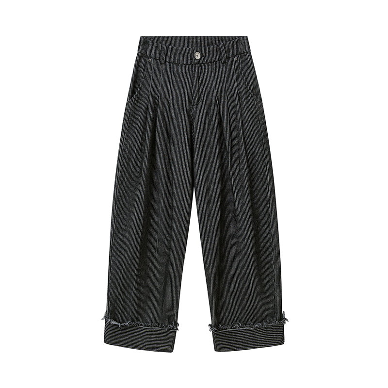 Fringed Corduroy Tuck Pants With Embroidered Pocket