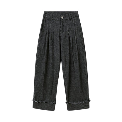 Fringed Corduroy Tuck Pants With Embroidered Pocket