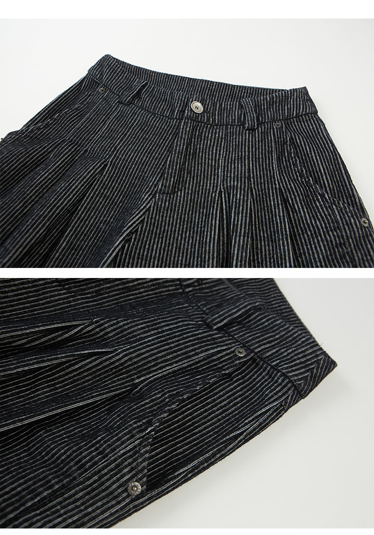 Fringed Corduroy Tuck Pants With Embroidered Pocket