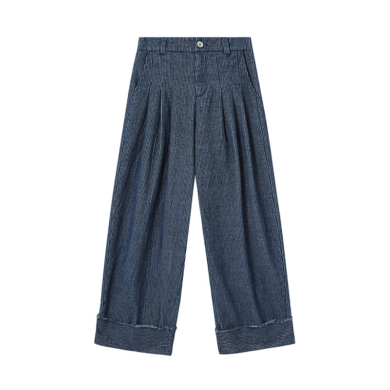 Fringed Corduroy Tuck Pants With Embroidered Pocket