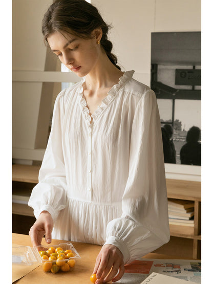 Ruffle Neck Puff Sleeve Crinkled Maxi Dress