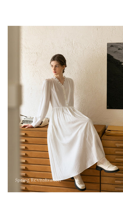 Ruffle Neck Puff Sleeve Crinkled Maxi Dress