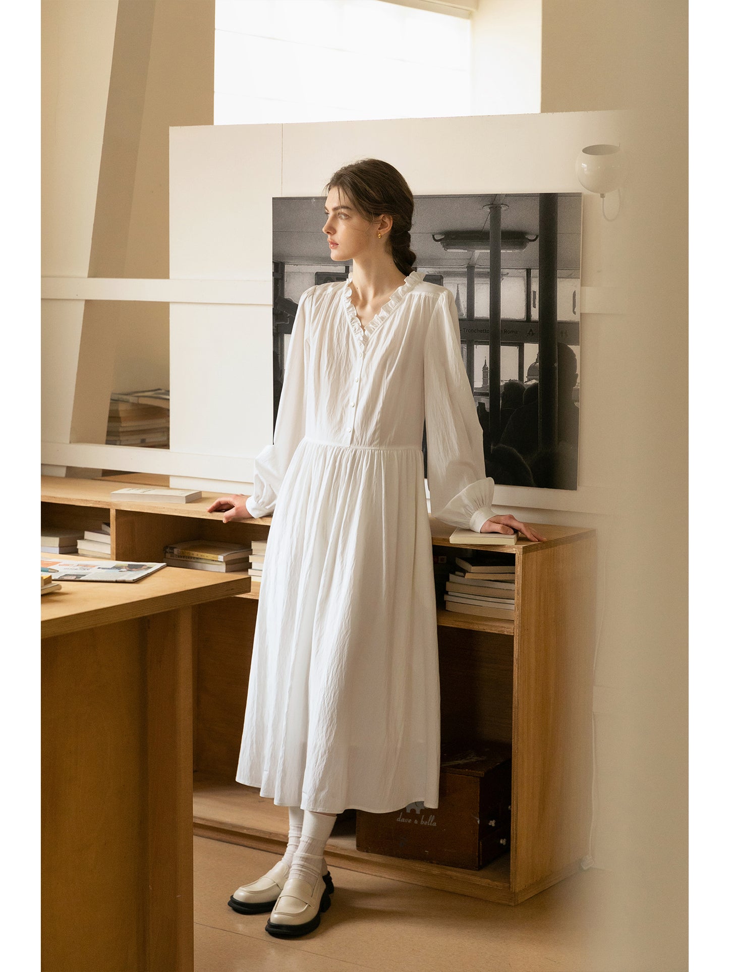 Ruffle Neck Puff Sleeve Crinkled Maxi Dress