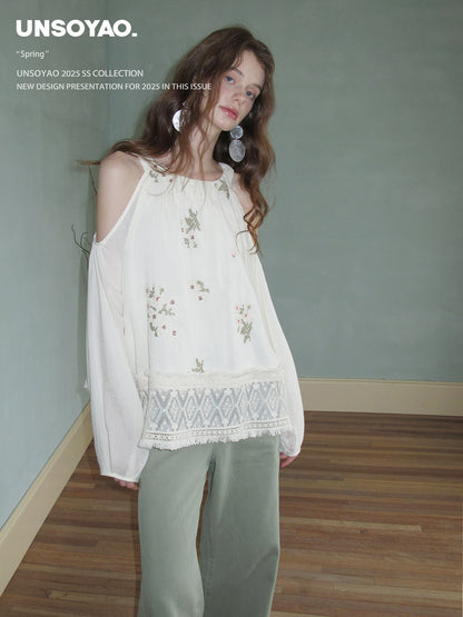 Cold-Shoulder Top With Floral Embroidery