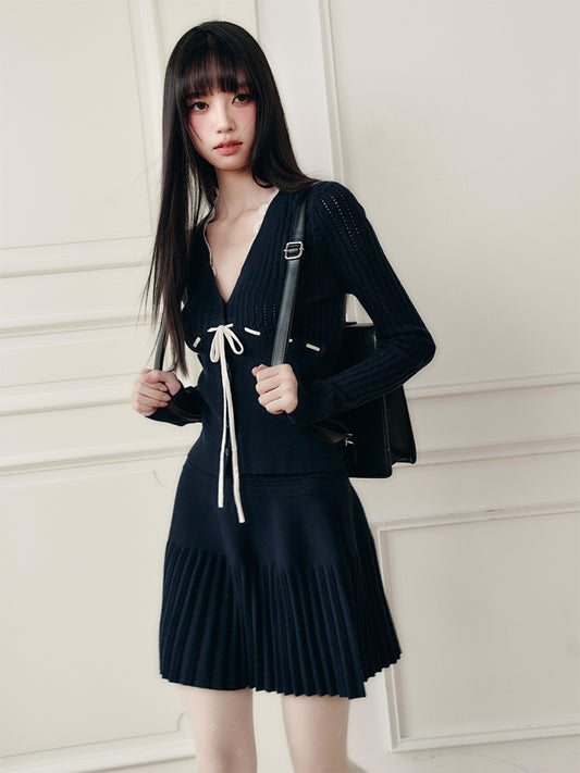 V-Neck Open-Knit Top & Pleated Mini Skirt