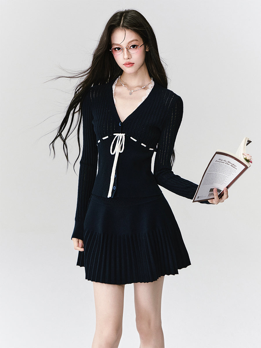V-Neck Open-Knit Top & Pleated Mini Skirt