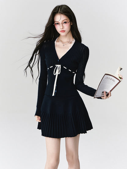 V-Neck Open-Knit Top & Pleated Mini Skirt
