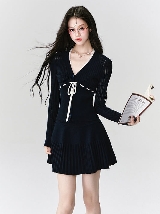 V-Neck Open-Knit Top & Pleated Mini Skirt