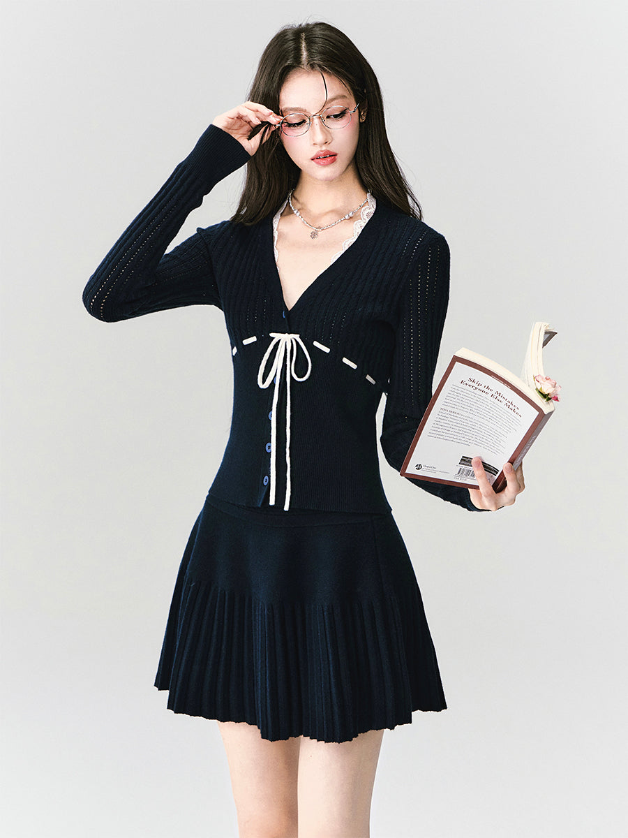 V-Neck Open-Knit Top & Pleated Mini Skirt