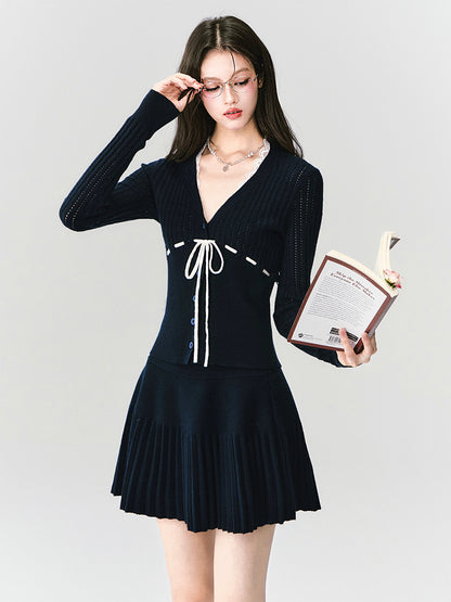 V-Neck Open-Knit Top & Pleated Mini Skirt