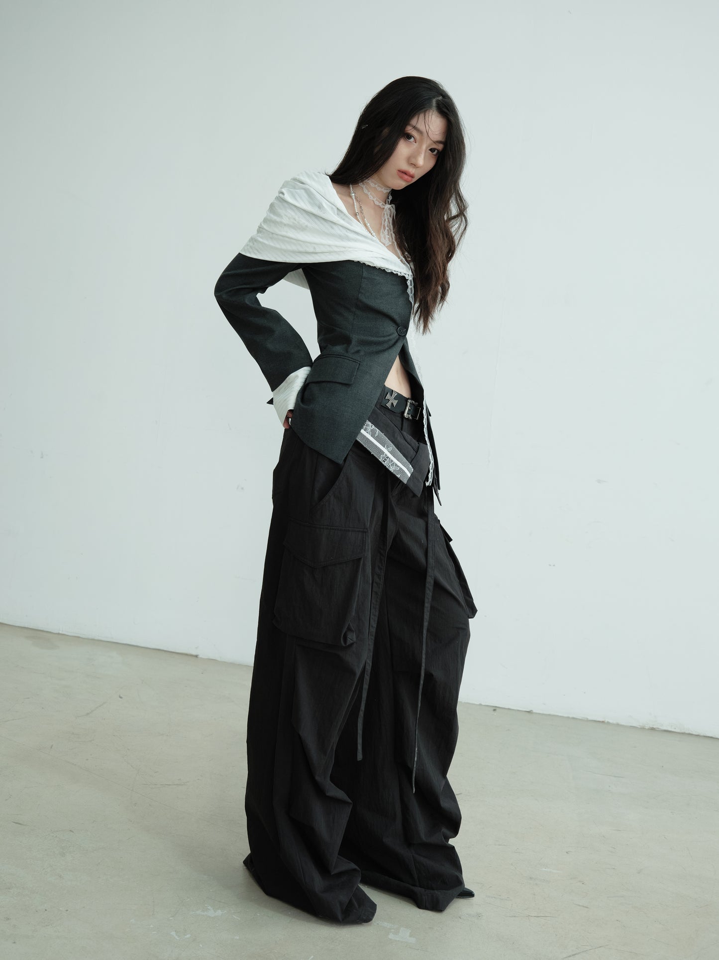 Chic Off-Shoulder Mixed Fabric Jacket