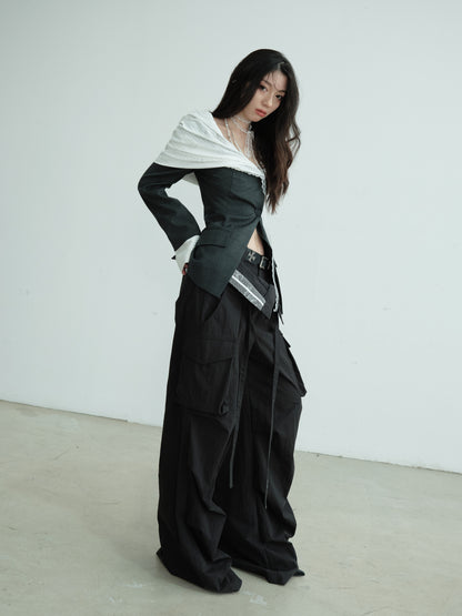 Chic Off-Shoulder Mixed Fabric Jacket