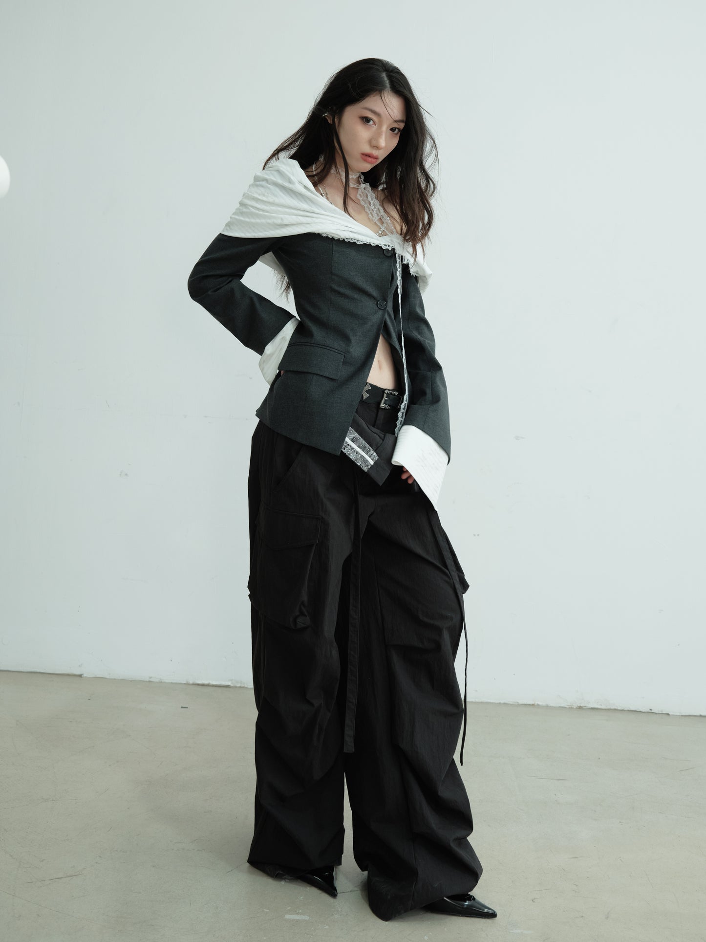 Chic Off-Shoulder Mixed Fabric Jacket