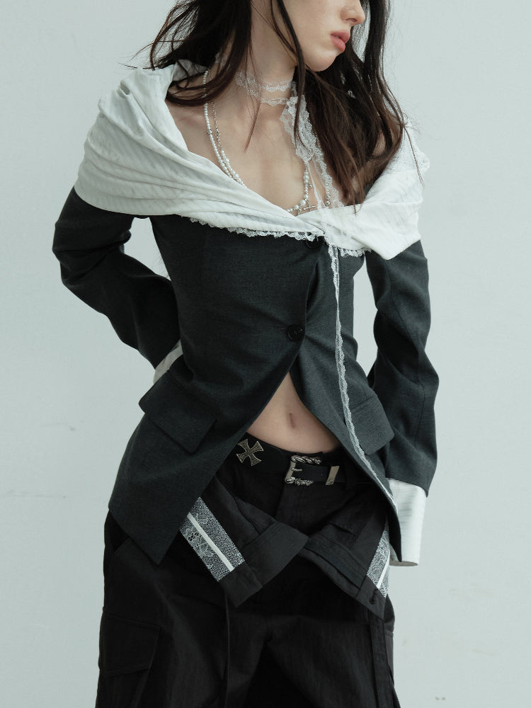 Chic Off-Shoulder Mixed Fabric Jacket