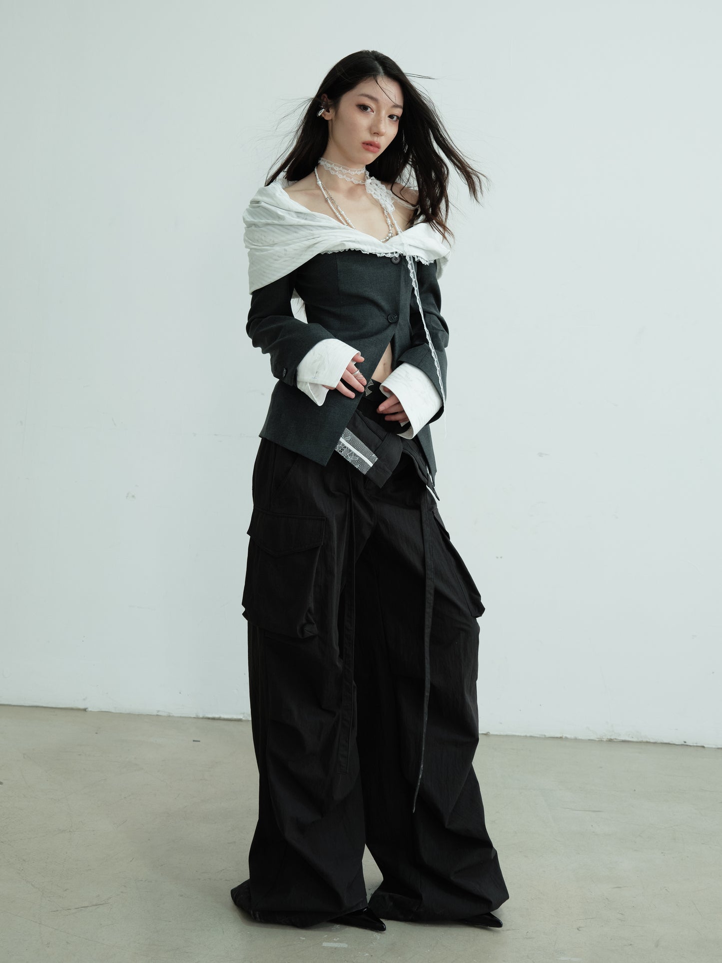 Chic Off-Shoulder Mixed Fabric Jacket