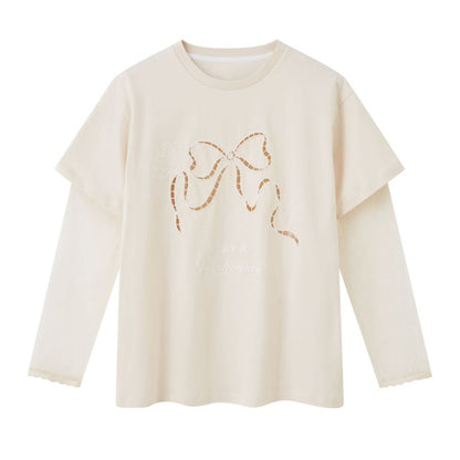 Cut-Out Bow Embroidered T-Shirt With Lace Sleeves