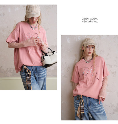 Cut-Out Bow Embroidered T-Shirt With Lace Sleeves