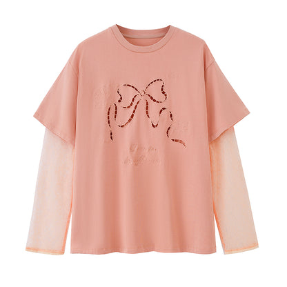 Cut-Out Bow Embroidered T-Shirt With Lace Sleeves